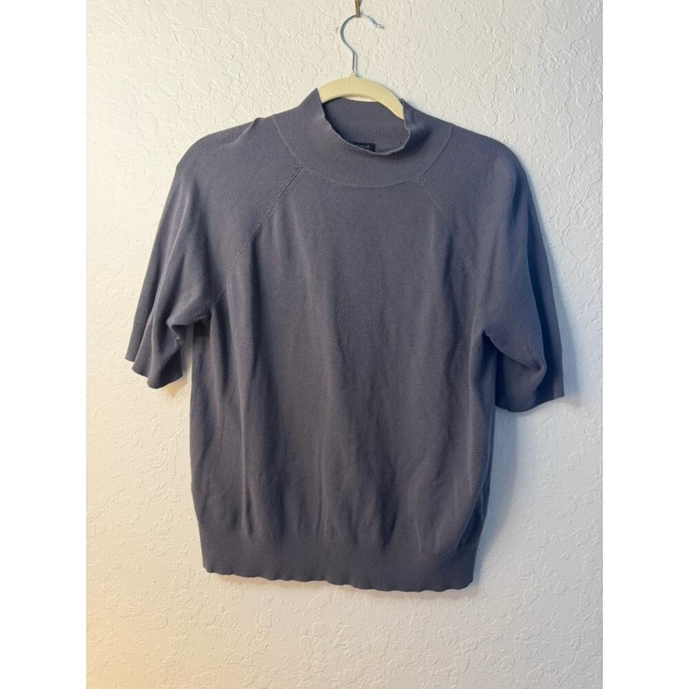 Ann Taylor Factory Gray Blue Mock Neck Short Sleeve Knit Sweater Top Size M